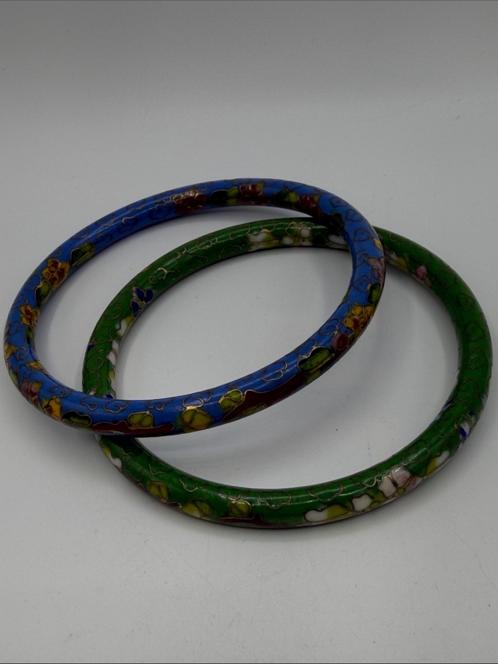 Vintage Cloisonné Enamel Bangle Bracelets Set of 2 Blue Green